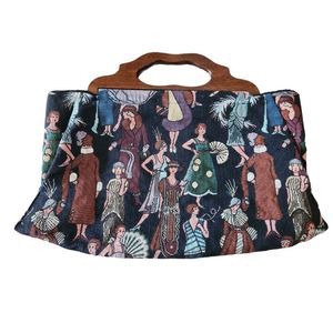 Vintage Tapestry Flapper Girl Bag With Wooden Handle